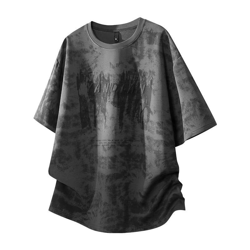 Transfronterizos retro americanos teñidos camiseta hombre suelta gran gorda estilo callejero delgado camiseta de cuello redondo de manga corta