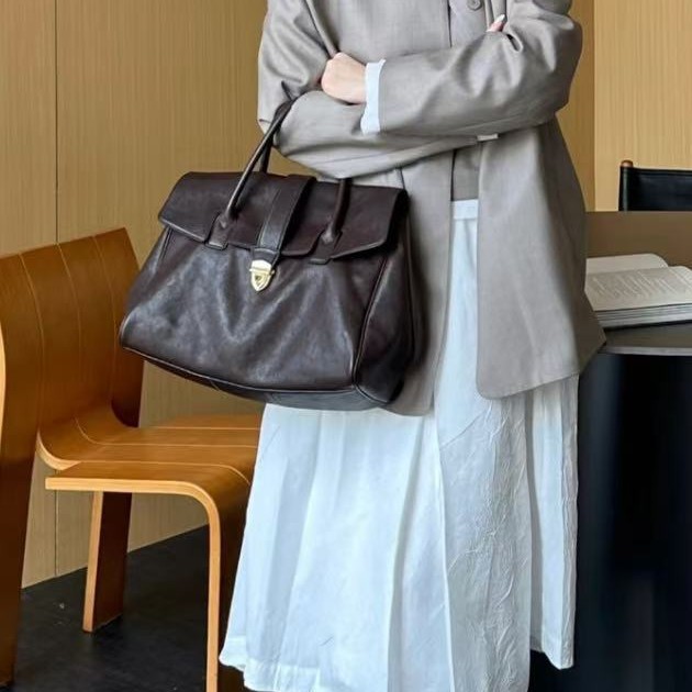[Celebrity Style] Qiuzhen Women's Genuine Leather Vintage Large Capacity Commuter Vegetable-Tanned Cowhide Briefcase