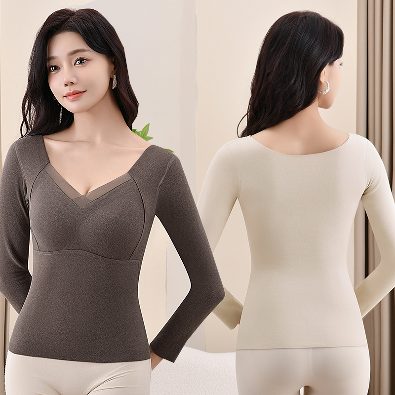 Nuevo top autocalentable de terciopelo alemán de doble cara sin costuras, taza fija, cintura gruesa, ropa de otoño de manga larga, camisa de fondo cálida para mujer