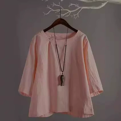 2024 новый стиль большой размер повседневный свободный хлопок и льна куртка футболка сплошной цвет хлопка и льна женская одежда