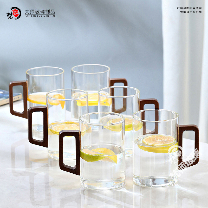 500ml大容量水具套装家用待客喝水杯子透明带木把手高硼硅耐热玻|undefined