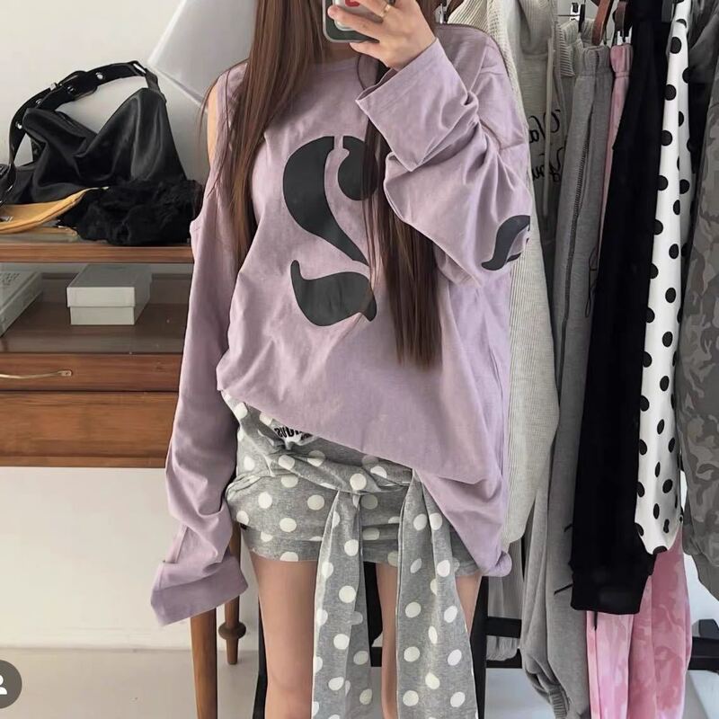 现货韩国小众设计师25新款不对称露肩宽松长袖套头上衣女|undefined