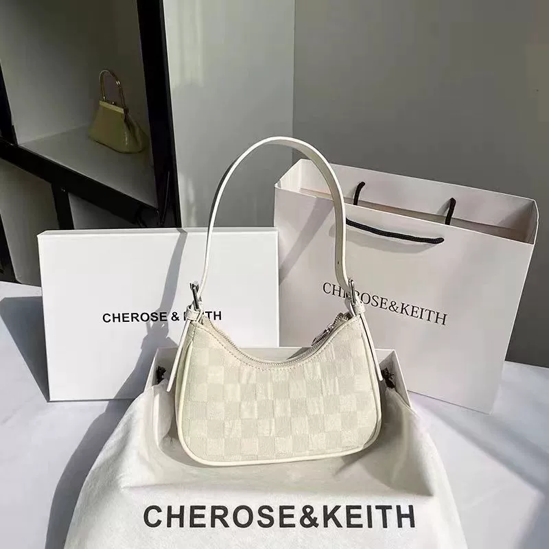 Плечная сумка (CHEROSE&KEITH), кремовая в клетку, деми‑сезон, компактная 15×8 см