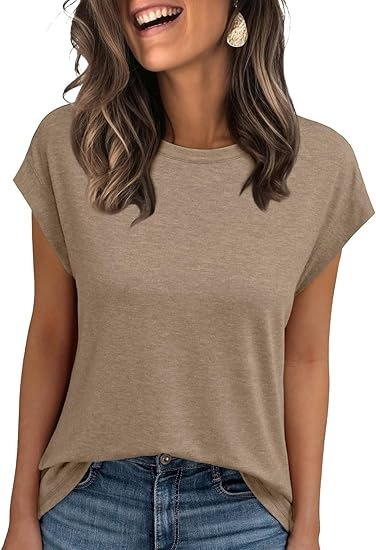 Amazon 2025 ヨーロッパとアメリカの女性のベスト夏クロスボーダーラウンドネック半袖 Tシャツ無地ラウンドネックカバースリーブ外国貿易女性|undefined