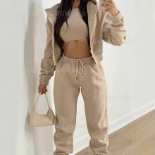 亚马逊欧美女装三件套长裤连帽卫衣运动时尚休闲冬季纯色套装女