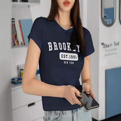 深灰色字母短款t恤女潮ins港风夏日修身显瘦超火的短袖蓝色上衣服