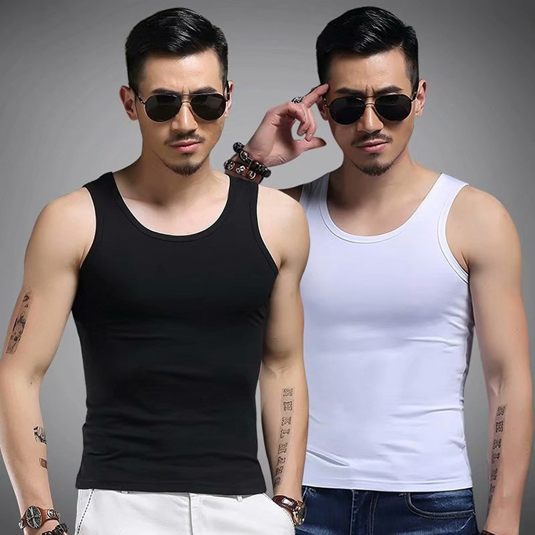 Men's Vest Elastic Round Neck Wide Shoulder Outer Wear Solid Color Sports Vest Youth Fitness Sleeveless Base Shirt Top Trendy