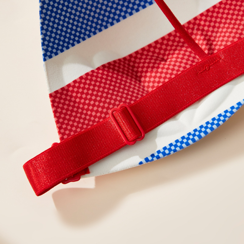 Sin anillo de acero rojo, blanco y azul tres colores sin marca ropa interior conjunto polong lateral fijo almohadilla interior cinturón de hombro hermoso lote de sostén