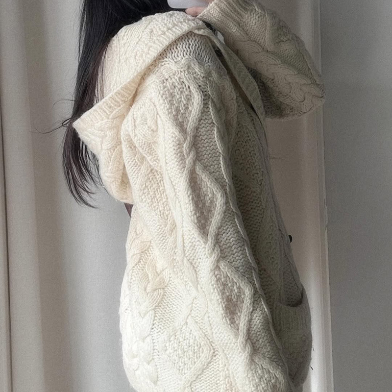 外贸复古麻花连帽毛织排扣简约纯色上衣宽松慵懒百搭休闲长袖外套|undefined