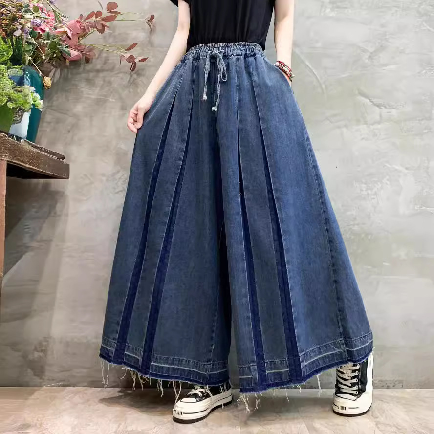 个性毛边牛仔阔腿裤女士2024夏季薄款宽松显瘦洋气拼接直筒裤裙裤