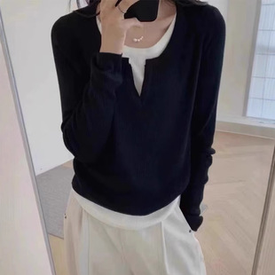 Design Sense Fake Two-piece Knitted Sweater Base Shirt Women's Autumn and Winter Interior Wear Temperament Slim-fit Slimming Short Top Women