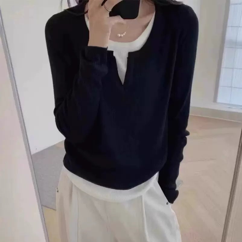 设计感假两件针织毛衣打底衫女秋冬季内搭气质修身显瘦短款上衣女