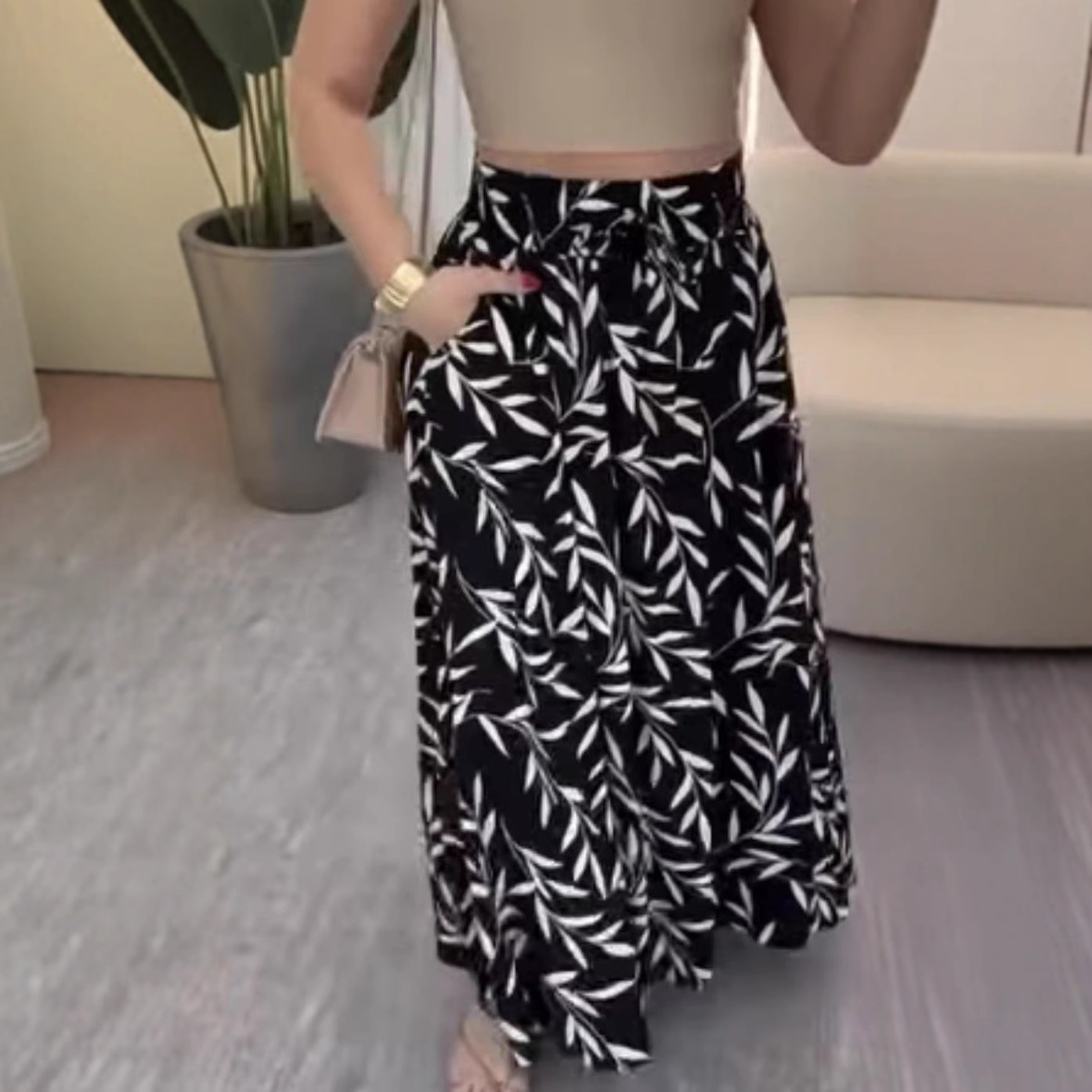 Women's Casual Wide Sleeve Printed Slit Pocket Midi Skirt Bestselling_ecoleips.com