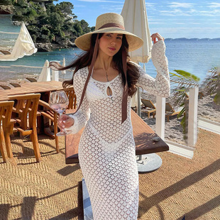 European and American Knitted Hollow Long Sleeve Sexy Dress Sunscreen Shirt Beach Coat Head Blouse Bikini Swimsuit Outer