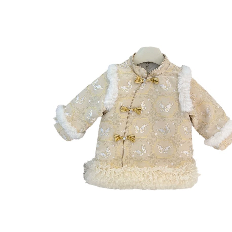 [Cinco estrella círculo] Niñas invierno nuevo estilo nacional ropa de Año Nuevo oro algodón intercalado malla falda de cheongsam retro