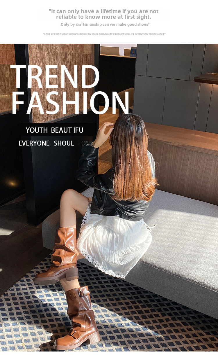 Stivali con fibbia a cintura e plissettati in pile per donna 2023 nuovi stivali retrò con tacco spesso e plateau a metà polpaccio stivali da sigaretta alla moda di strada_voghion.com