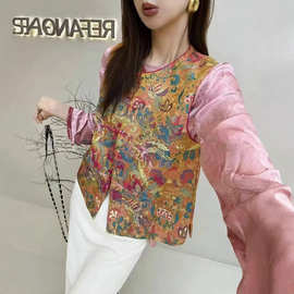 中式凤凰戏马提花重工串珠刺绣马甲时尚叠穿坎肩上衣