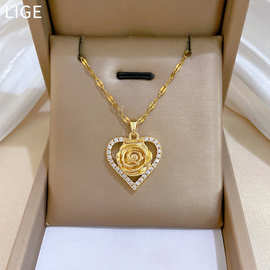 【钛钢】 爱心玫瑰花锆石轻奢风气质华丽满钻项链女百搭锁骨钛钢