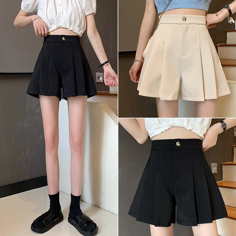 Women's Large Size Chubby Girl Suit Shorts High Waist Korean Style Pants Skirt Niche Black Casual Pants Pleated Wide Leg Trendy Pants