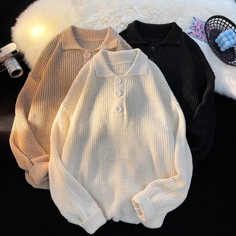 Autumn and Winter Polo Collar Knitwear Men's Hong Kong Style Loose Japanese Style Trendyy Versatile Knitwear Pure Color Simple Casual Jacket