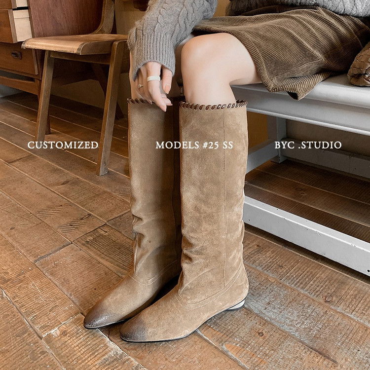 Cowhide High-Tube Long Boots for Women, New Autumn and Winter Style, Genuine Leather Pointed Toe, Color-Polished Mid-Heel Slip-On Knee-High Boots for Women
