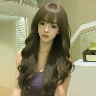 Wig Women's Long Hair Long Curly Hair Wool Roll Air Bangs Sweet Natural Korean Large Wave Lolita Full Head Cover