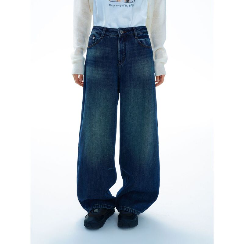 [Timeless] New Vintage Washed Distressed Pure Cotton Fleece-Lined Comfortable Warm Mid-Waist Loose Jeans for Women V9982