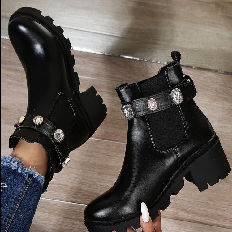 2025 가을 겨울 신상품 유럽 및 미국 스타일 두꺼운 굽의 중간 높이 짧은 부츠, 사이드 지퍼, 대형 사이즈 여성용 부츠