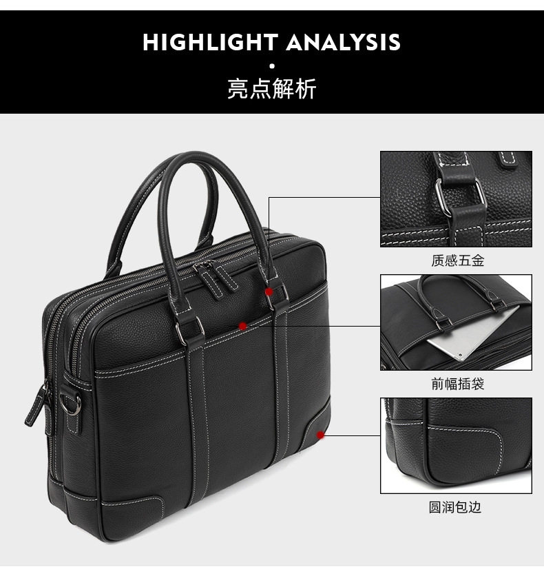 Cặp công sở da bò lớp đầu khóa kéo đôi, túi xách tay nam đựng laptop 14 inch dung lượng lớn, có dây đeo vai 38×11×28 cm — đen chi tiết 5