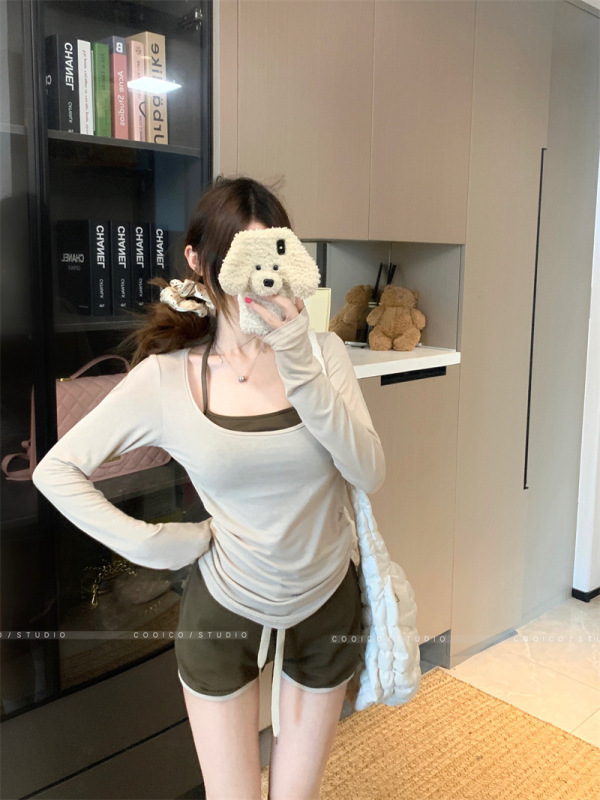 カジュアルスーツ レイジースタイル Uネック 長袖 Tシャツ カバーアップ ホルターベスト レディース 夏 ハイウエスト ワイドレッグ ショーツ 3点セット|undefined