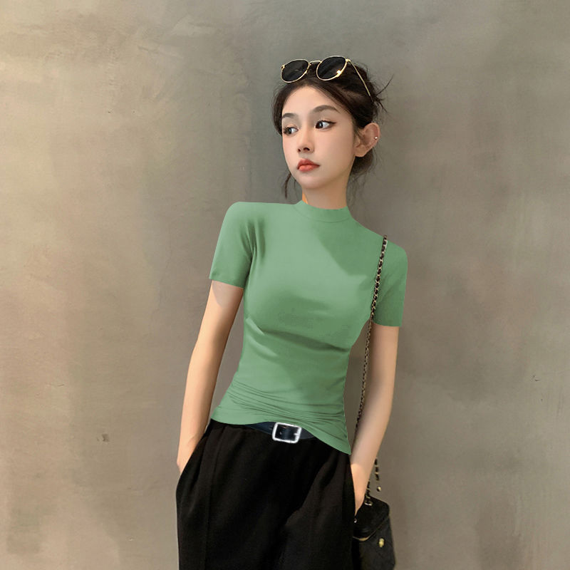 그레이 그린 하프 터틀넥 반소매