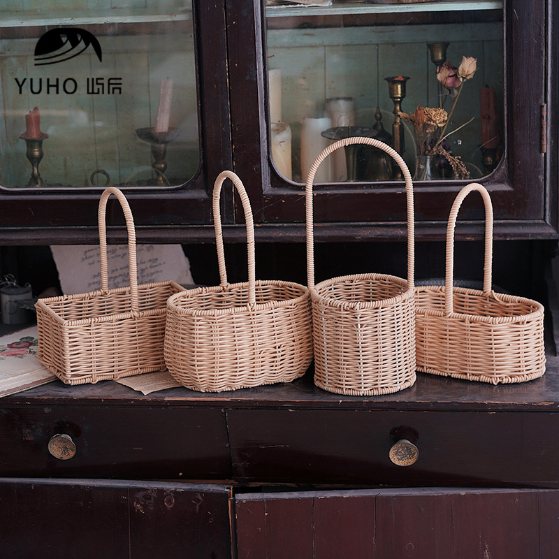 屿后 浅色系花篮鲜花插花手拎花篮藤条编织diy花店花艺包装材料