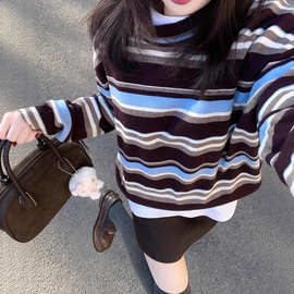韩系奶fufu撞色条纹针织衫毛衣女早秋冬季学院风miu里miu气上衣潮