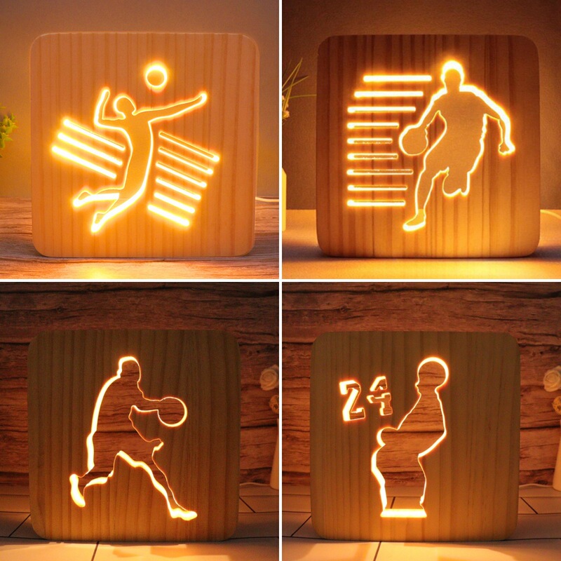 Cross Border Solid Wood Hollow 3D Night Light Football Basketball Baseball Sports Star Sports Wood Luminous LED Table Lamp