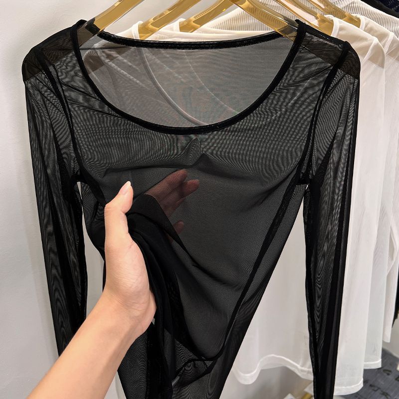 Low-Neck Mesh Bottoming Shirt for Women with Transparent Tulle White Sand Body Sunscreen Shirt Gauze Black Lace Top
