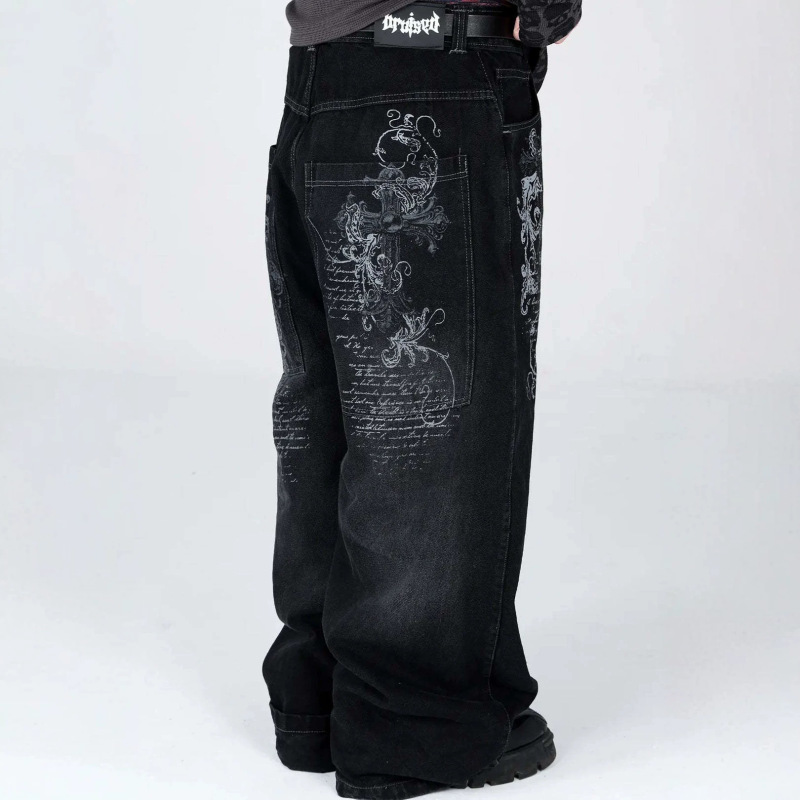 European and American Cross-Border Street Style Tiktok New Pattern Printed Jeans Retro Washed Street Fashion Straight-Leg Jeans