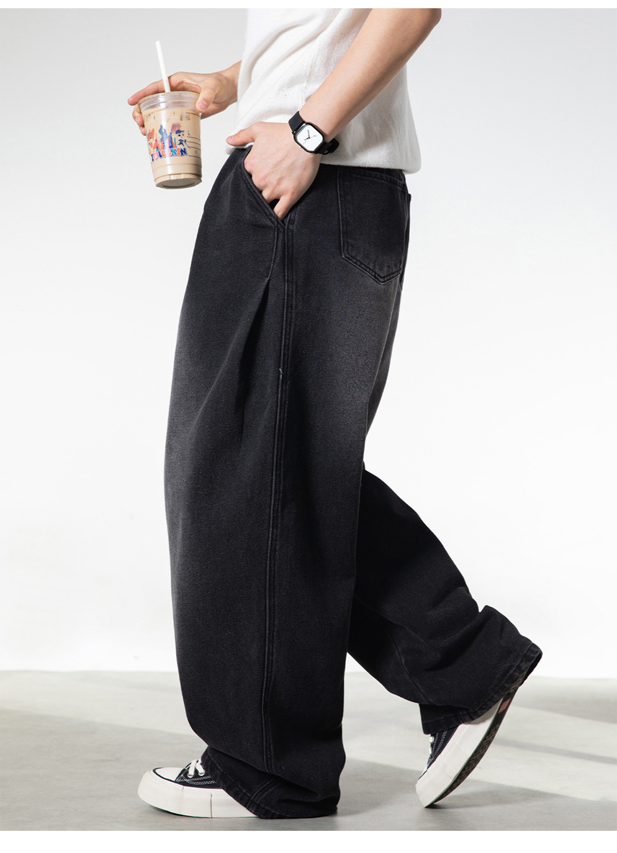 Retro Washed Oversized Jeans for Men Straight Leg Loose Fit Casual Trousers Split Pleats mid Waist Cotton Spring Style_voghion.com
