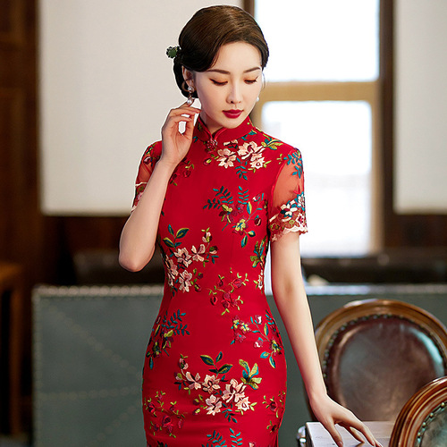 Retro Chinese Dress oriental old shanghai Qipao  big red bud silk cheongsam collar fashion embroidery cheongsam of cultivate morality short sleeve dress