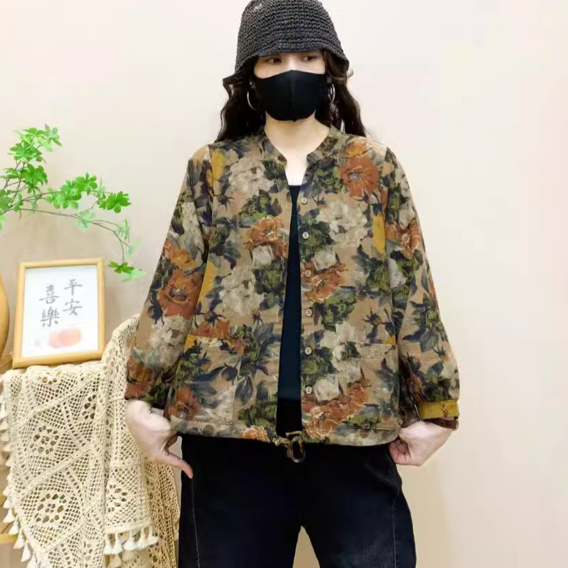 2025春秋新款数码印花长袖开衫女复古宽松民族风显瘦短款薄外套
