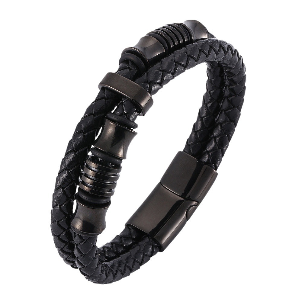 【Producto Popular】 Pulsera de Cuero Negro para Hombre, Doble Capa, Trenzada de Acero Inoxidable, Hecha a Mano, Multicapa image 6