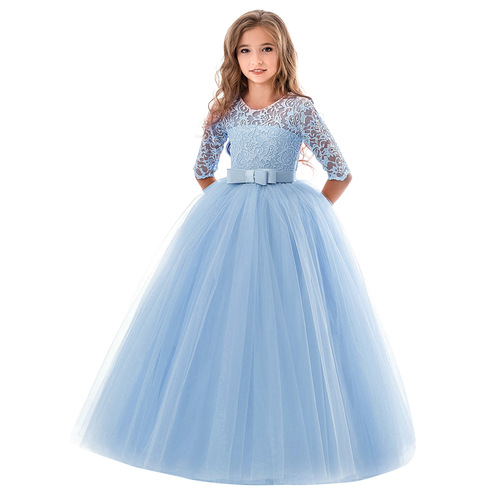 Winter and Spring New Women's Children's Dress Long Sleeve Lace Princess Dress Girl Host Performance Costume European and American Long Dress