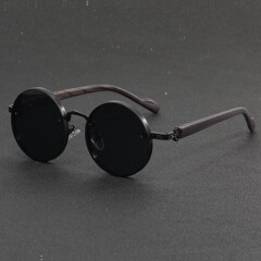 欧米の新型レトロ円形パンク金属サングラス木紋鏡脚サングラスラウンドサングラス