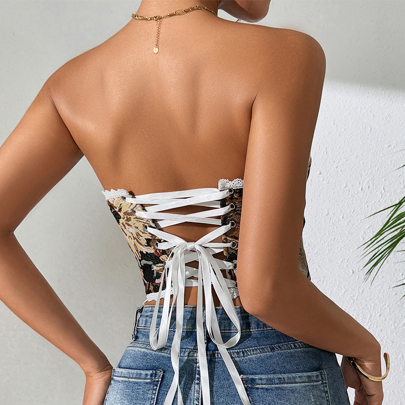 Top corset retro com barbatanas e amarração cruzada mulher_voghion.com