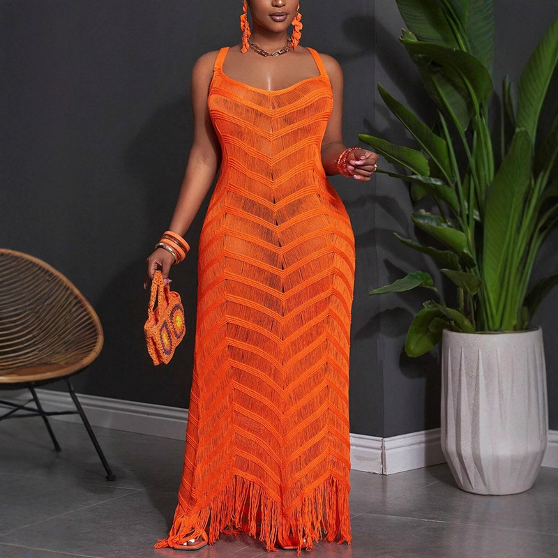 Hollow-Out Crochet Short-Sleeved Tassel Dress for Women, New Summer Style, Vacation Beach Style Loose Dress 152