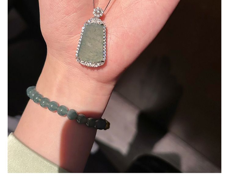Mặt dây chuyền ngọc bích tự nhiên A hàng xanh nước biển không làm gì, khung bạc sterling đính đá chi tiết 10
