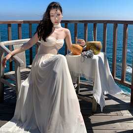 新品 海边度假白色抹胸连衣裙女夏季高级感温柔风仙女气质网纱性