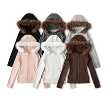 美式复古可拆卸毛领拉链收腰连帽卫衣修身显瘦帽衫休闲短款外套女