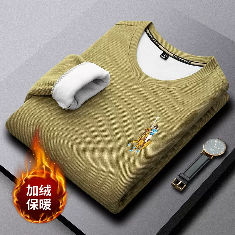 保罗秋冬季华夫格卫衣品牌刺绣高端体恤圆领长袖男士加绒保暖卫衣