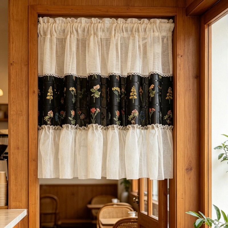 French-style lace patchwork sheer curtain with a light and hazy feel, fresh hand-embroidered patchwork door curtain, rod-pierced short curtain for cross-border sales French-style lace patchwork sheer curtain with a light and hazy feel, fresh hand-embroidered patchwork door curtain, rod-pierced short curtain for cross-border sales