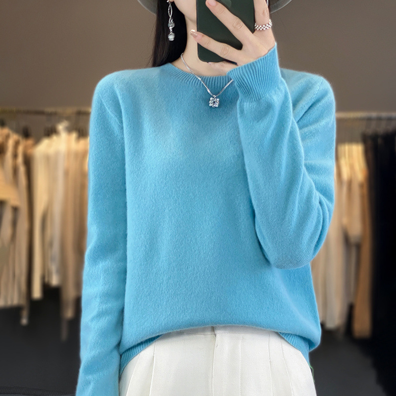 Otoño e Invierno 100% suéter de lana pura de las mujeres de cuello redondo Jersey corto de lana de manga larga suéter recto suéter a juego ropa exterior